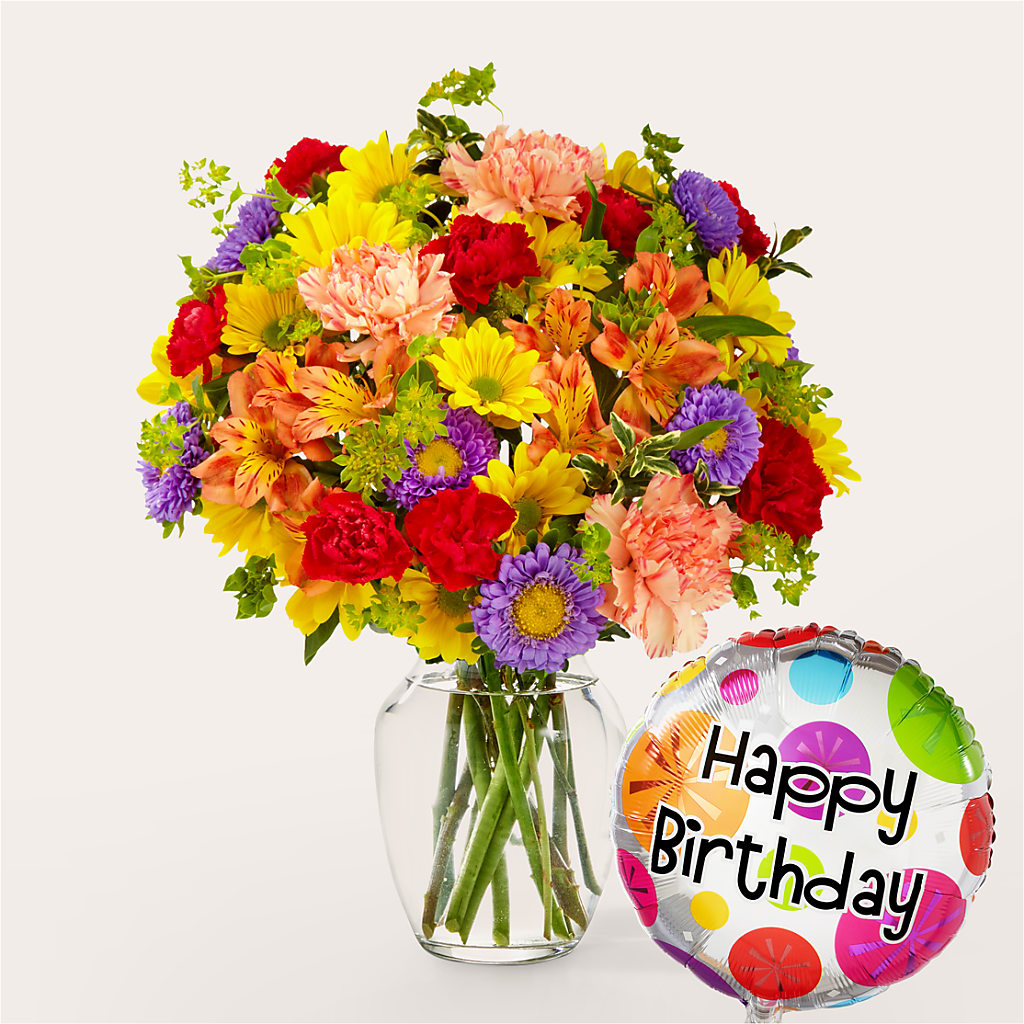 Kaleidoscope Bouquet with Birthday Balloon – Touch Of Roses INC, Visalia CA