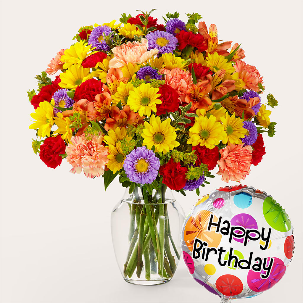 Kaleidoscope Bouquet with Birthday Balloon – Touch Of Roses Inc, Visalia CA