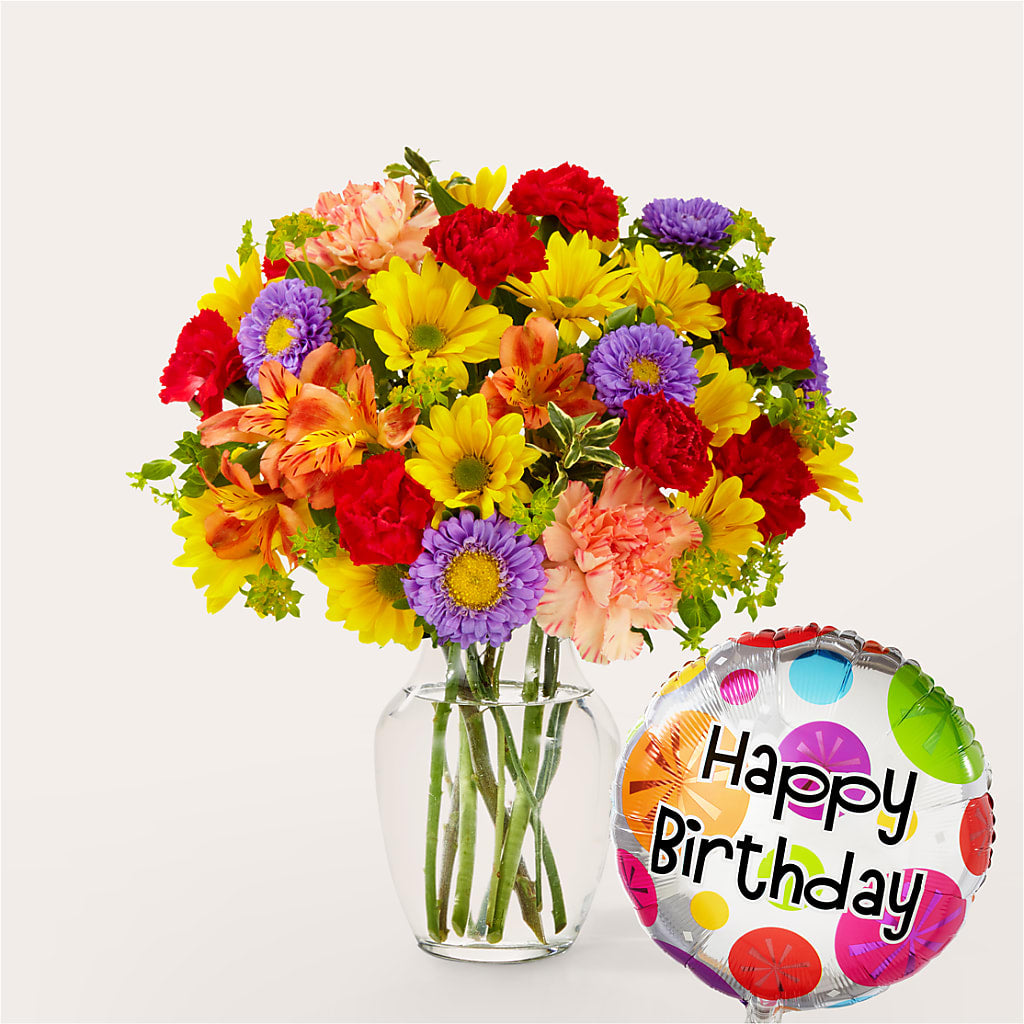 Kaleidoscope Bouquet with Birthday Balloon – Touch Of Roses INC, Visalia CA