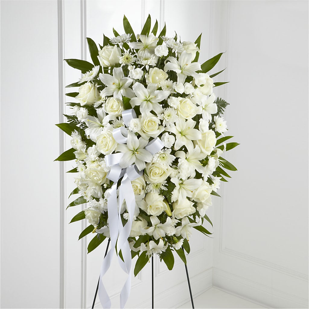 Exquisite Tribute Standing Spray-White Ribbon – Touch Of Roses Inc, Visalia CA