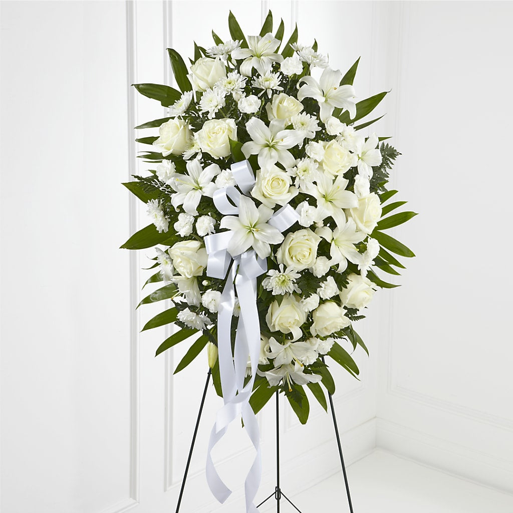 Exquisite Tribute Standing Spray-White Ribbon – Touch Of Roses INC, Visalia CA