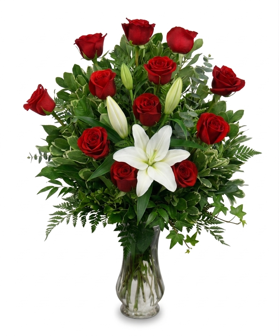1 Dozen Radiant Rose with Lilies Arrangement – Touch Of Roses Inc, Visalia CA